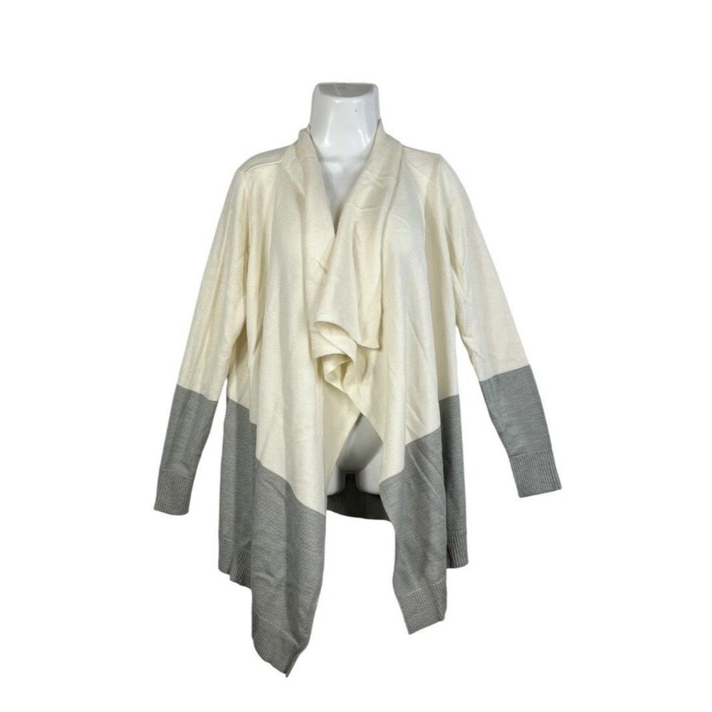 Eddie Bauer Open Front Cardigan Large Cream Gray Colorblock Wool Casual Office